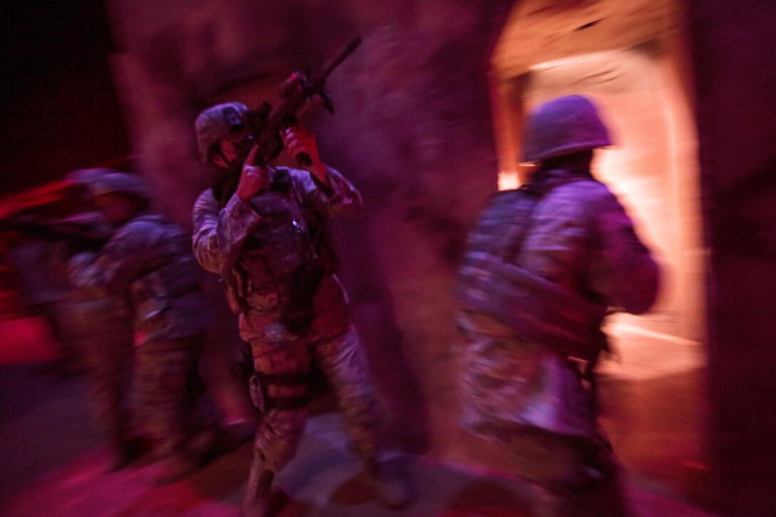 Airmen participate in tactical entry at an indoor site for military operations in urban terrain at Joint Base McGuire-Dix-Lakehurst, N.J., June 16, 2016. Air National Guard photo by Tech. Sgt. Matt Hecht