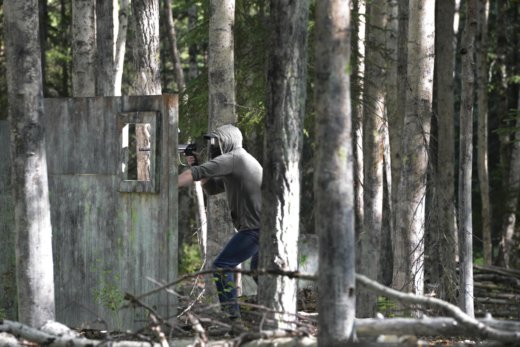 Airmen and Soldiers compete in a paintball tournament  during the 2016 Arctic Warrior Olympics at Joint Base Elmendorf-Richardson, Alaska, June 17, 2016. The Arctic Warrior Olympics originated in 1982, when Airmen at Elmendorf Air Force Base initiated Airman Day to promote camaraderie and good health. Then in 1986, it became known as Elmendorf Field Day. It was renamed the Arctic Warrior Olympics in 1989 and is hosted in conjunction with the Military Appreciation Picnics. (U.S. Air Force photo by Airman 1st Class Valerie Monroy)