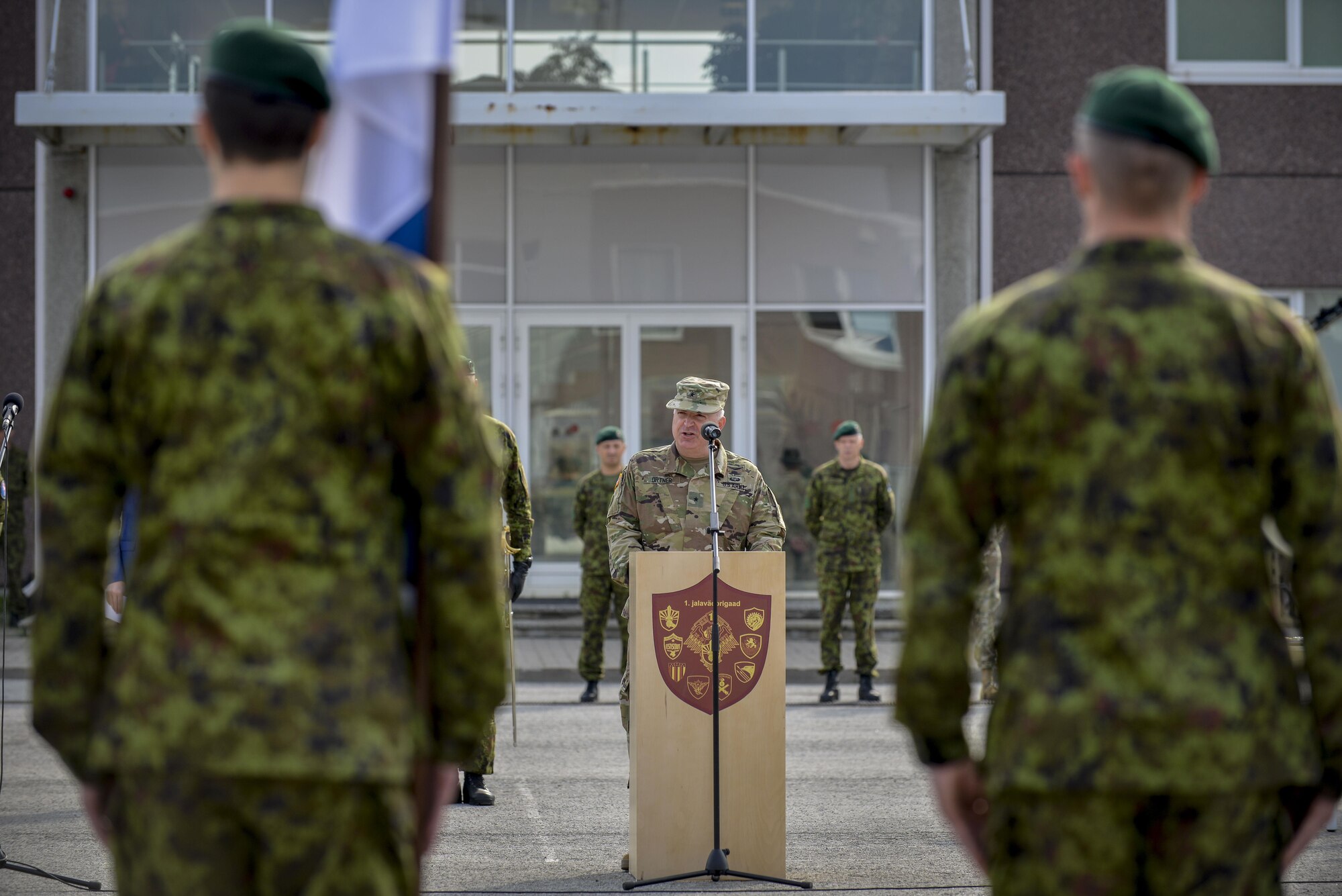 U.S. Army Brig. Gen. Blake Ortner, 29th Infantry Division commander,   speaks during the closing ceremony for Saber Strike 16 at Tapa Training Base, Estonia, June 21, 2016. U.S. forces in Europe participated in Saber Strike 16; a long-standing, U.S. Joint Chiefs of Staff-directed, U.S. Army Europe-led cooperative-training exercise, which has been conducted annually since 2010.  This year’s exercise focused on promoting interoperability with allies and regional partners. The United States has enduring interests in supporting peace and prosperity in Europe and bolstering the strength and vitality of NATO, which is critical to global security. (U.S. Air Force photo/Senior Airman Nicole Keim)