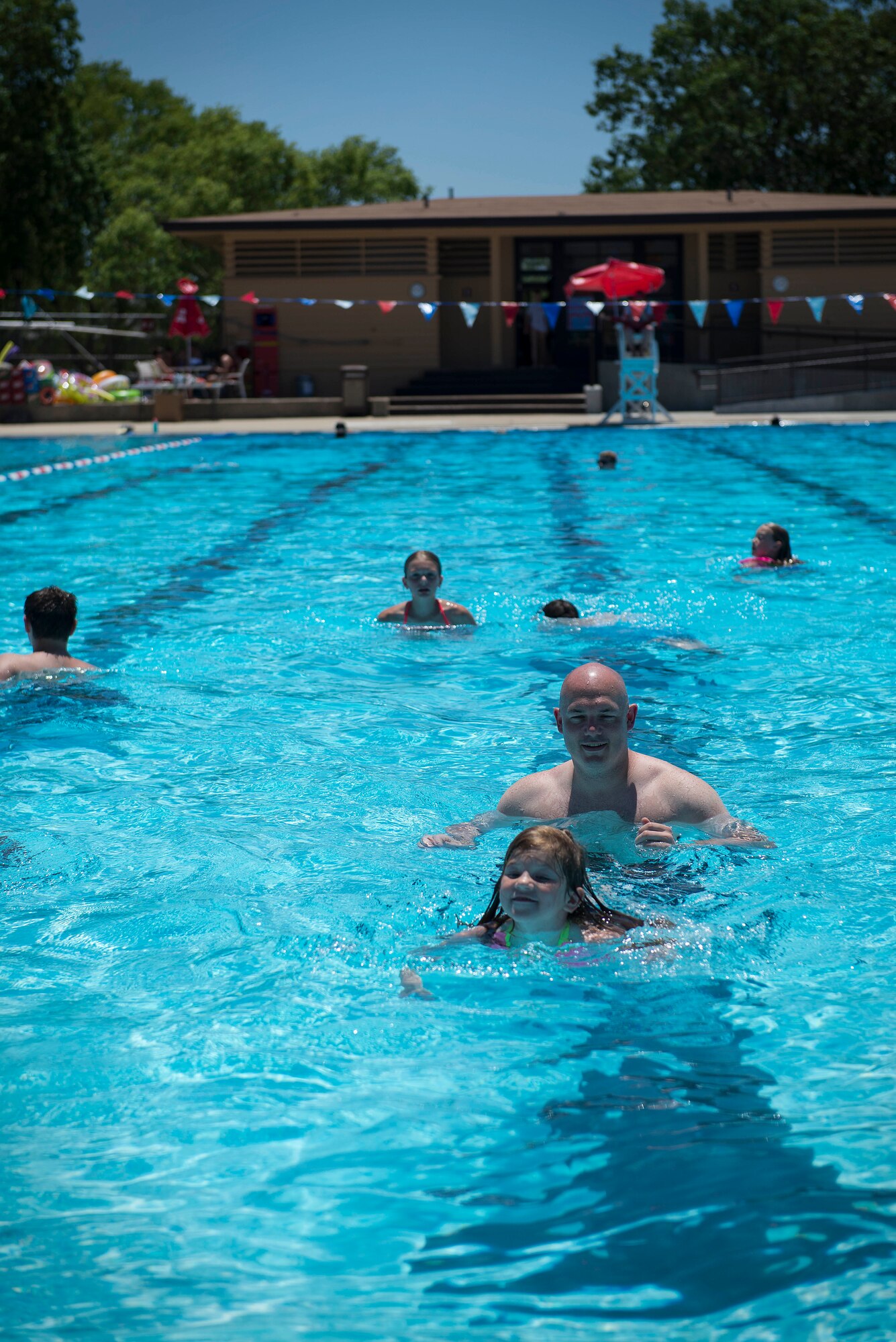 The grand opening for the Scott Air Force Base pool took place June 17. The historic bathhouse facility underwent a facelift that included all-new flooring, stainless steel fixtures, energy efficient pumps, handicap accessible bathroom stalls and ramps, and slide upgrades.