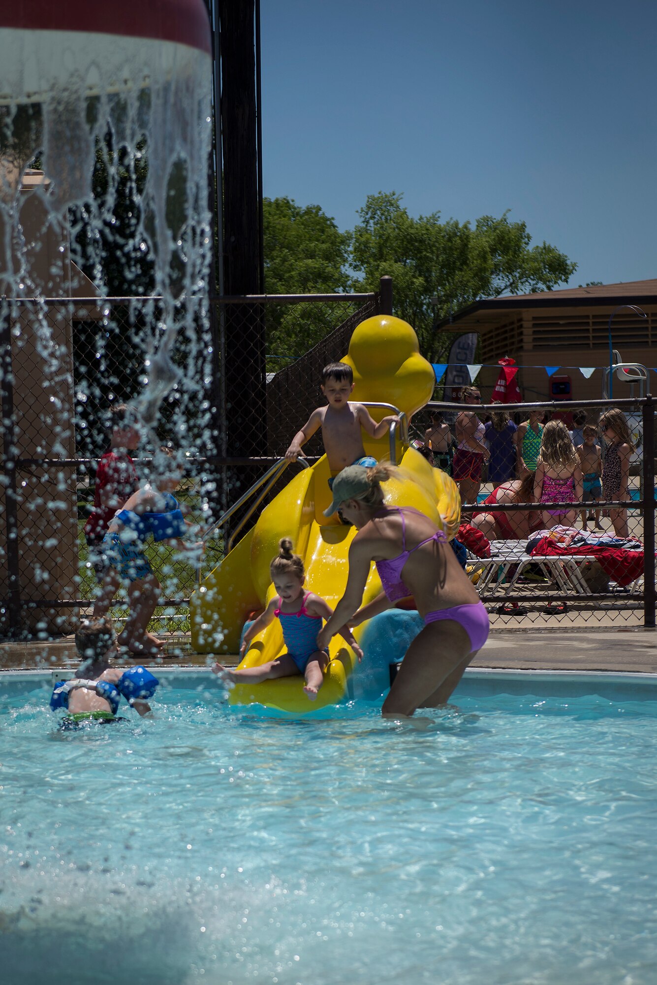 The grand opening for the Scott Air Force Base pool took place June 17. The historic bathhouse facility underwent a facelift that included all-new flooring, stainless steel fixtures, energy efficient pumps, handicap accessible bathroom stalls and ramps, and slide upgrades.