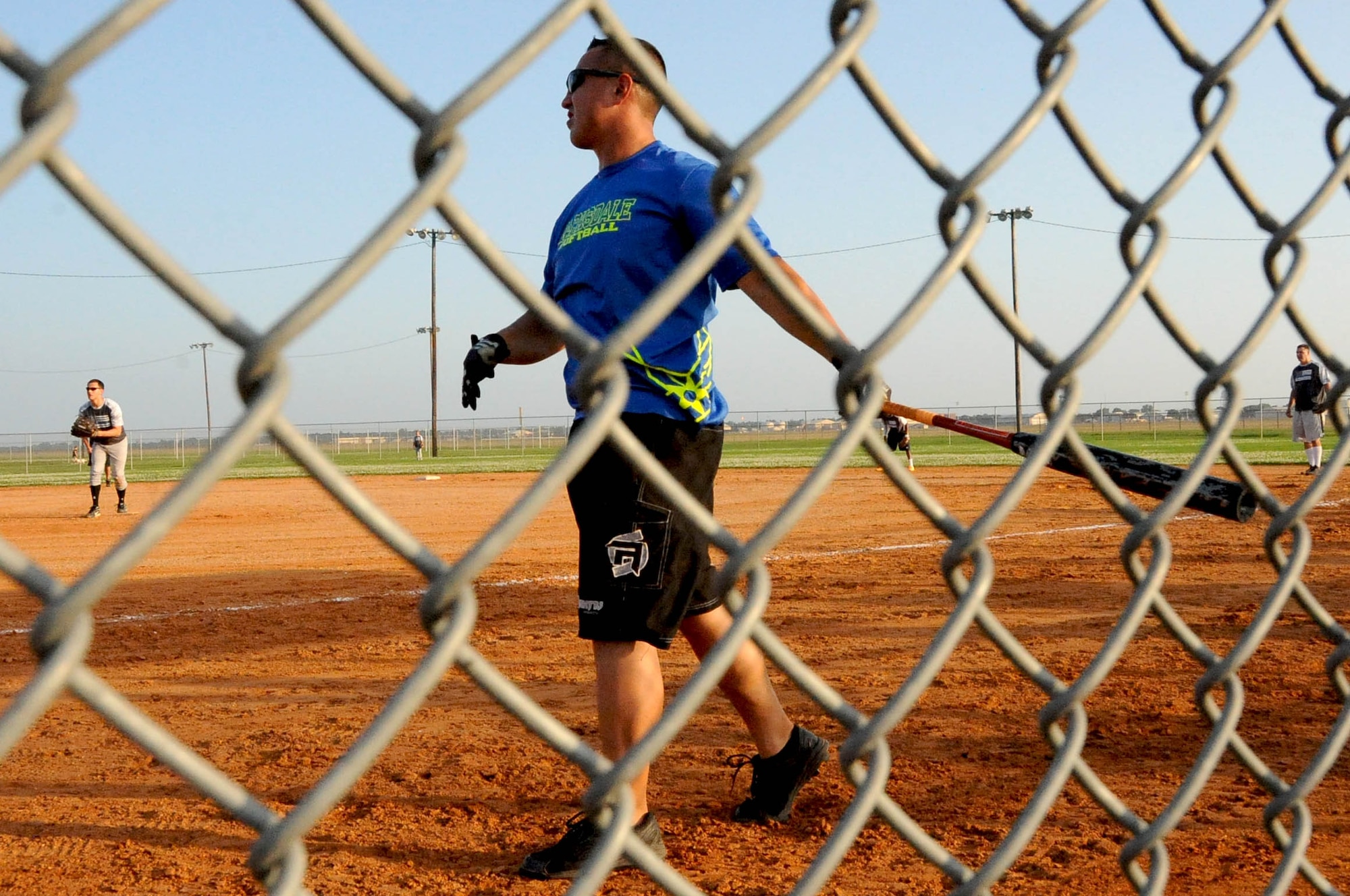 David Anderson, from Air Force Global Strike Command softball team, warms up on-deck in the bottom of the fourth inning at Barksdale Air Force Base, La., June 15, 2016. AFGSC went on to score nine runs that inning. (Air Force photo/Airman First Class Stuart Bright)