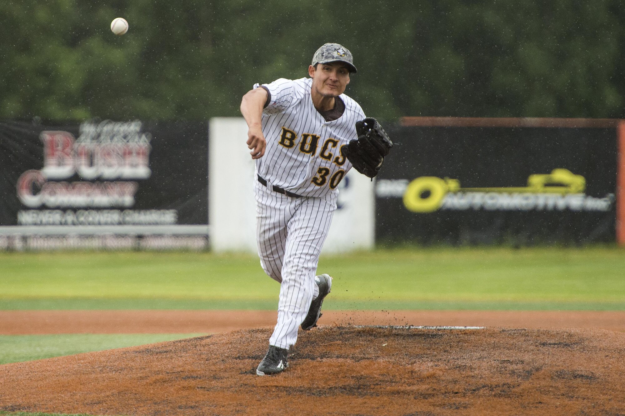 Anchorage Bucs pitcher Angel Landazuri, throws a pitch during the Anchorage Bucs Military Appreciation Game at Mulcahy Stadium in Anchorage, Alaska, June 19, 2016.  (U.S. Air Force photo by Senior Airman James Richardson/Released)
