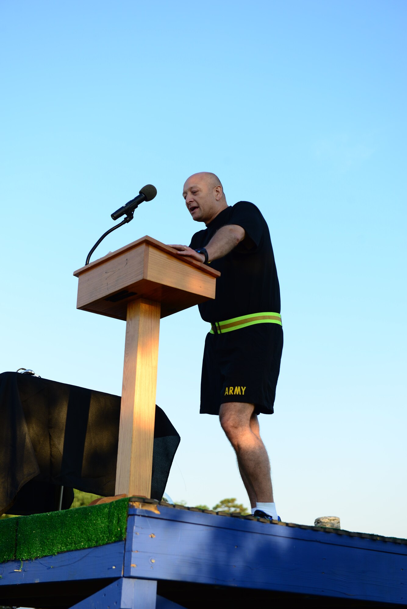U.S. Army Maj. Gen. Anthony C. Funkhouser, Center for Initial Military Training commander, speaks prior to the Army Birthday run at Fort Eustis, Va., June 14, 2016. Fort Eustis celebrates the birthday with a run and other activities annually to bring members across the installation together. (U.S. Air Force photo by Staff Sgt. J.D. Strong III)