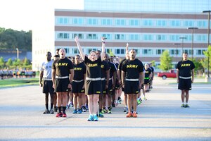 U.S. Army Soldiers sound-off during the Army birthday run at Fort Eustis, Va., June 14, 2016. Service members from across the installation came together to celebrate the Army’s 241st birthday through the fitness event. (U.S. Air Force photo by Staff Sgt. J.D. Strong III)
