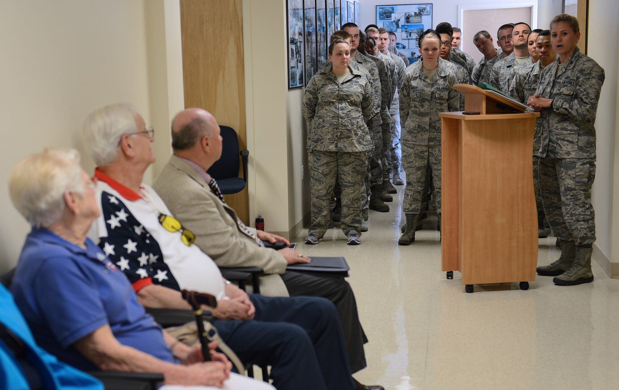 U.S. Air Force Col. Caroline Miller, 633rd Air Base Wing commander, speaks to members of the National Exchange Club during the Freedom Shrine dedication ceremony at Langley Air Force Base, Virginia, June 14, 2016. The Freedom Shrine originated with the freedom train that toured the nation in 1947, carrying an exhibit of historical documents. (U.S. Air Force photo by Staff Sgt. Teresa J. Cleveland)
