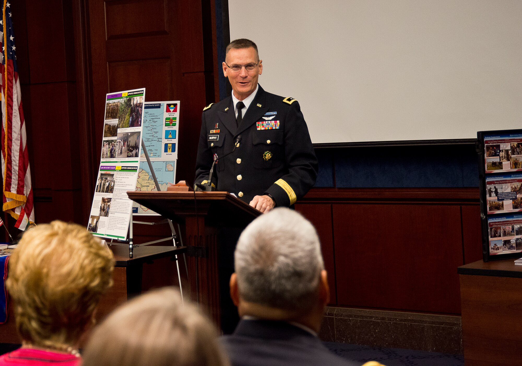 Maj. Gen. Patrick A. Murphy, National Guard director of Strategic Plans and Policy, speaks at the National Guard Bureau's State Partnership Program informational event held at the U.S. Capitol June 16, 2016. Murphy discussed the program's history and imporatance in global security, as well as recent notable developments. (U.S. Air National Guard photo by Staff Sgt. John E. Hillier/released)