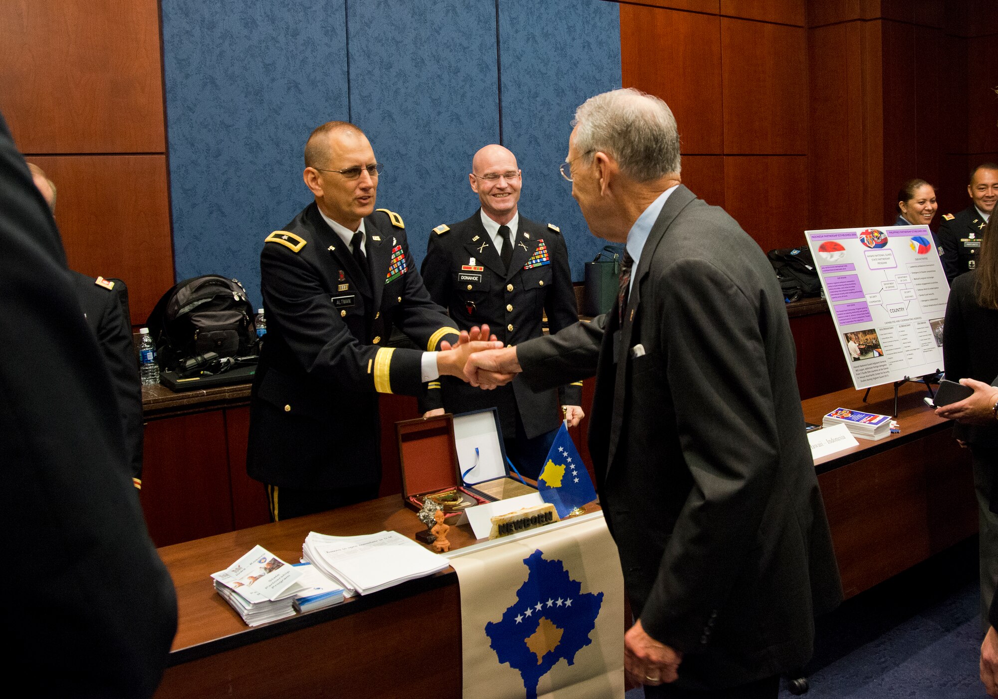 The Hon. Chuck Grassley, U.S. Senator from Iowa, speaks with Soldiers and Airmen of the Iowa National Guard at the National Guard Bureau's State Partnership Program informational event held at the U.S. Capitol, June 16, 2016. Delegations from 19 different states and territories were Washington D.C. to build awareness and understanding of the SPP among Congress and Congressional staff members. (U.S. Air National Guard photo by Staff Sgt. John E. Hillier/released)