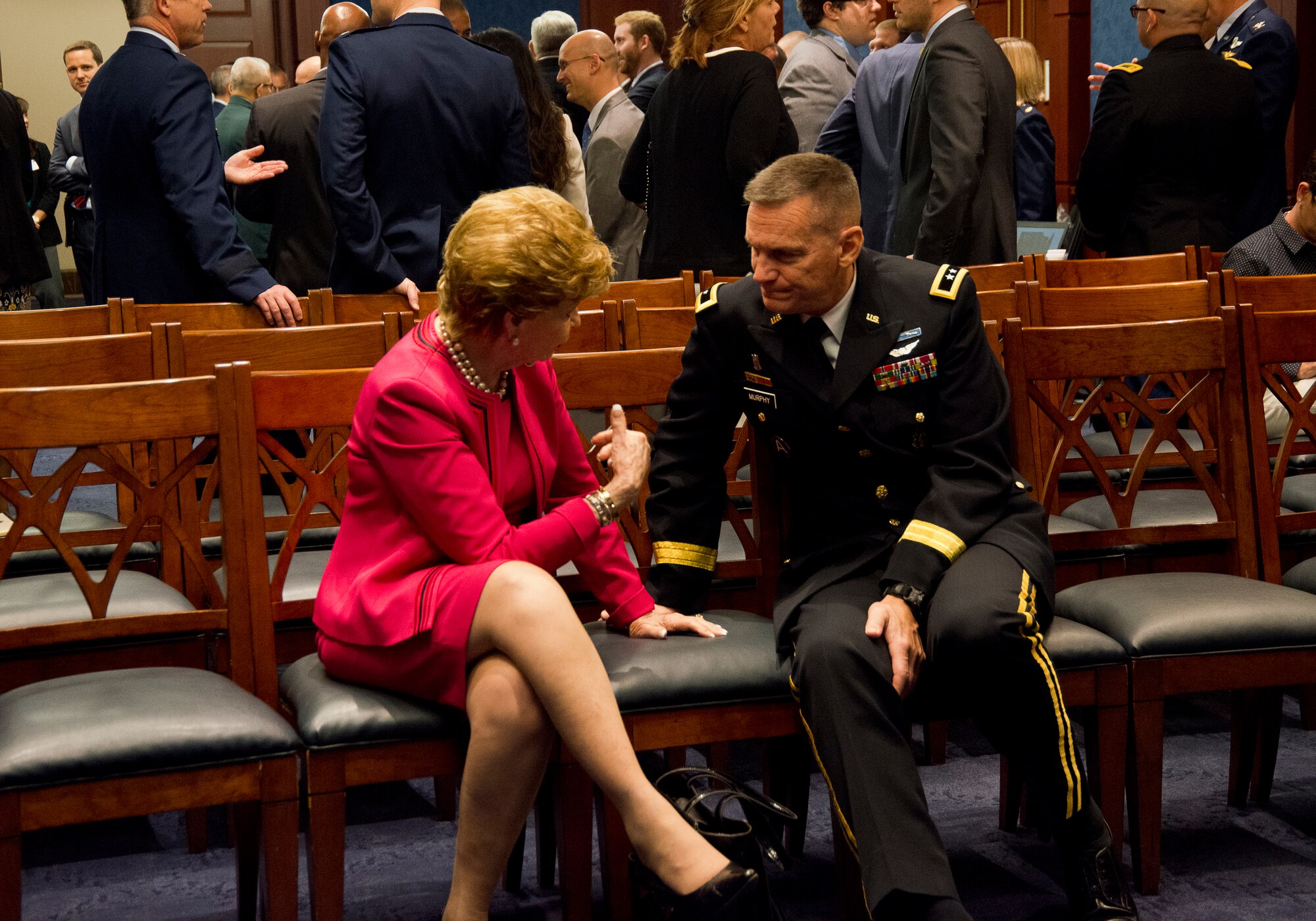 Maj. Gen. Patrick A. Murphy, National Guard director of Strategic Plans and Policy, speaks with the Hon. Madeline Bordallo, Congresswoman for Guam, at the National Guard Bureau State Partnership Program information event at the U.S. Capitol June 16, 2016. Delegations from 19 different states and territories were Washington D.C. to build awaremess and understanding of the SPP among Congress and Congressional staff members. (U.S. Air National Guard photo by Staff Sgt. John E. Hillier/released)