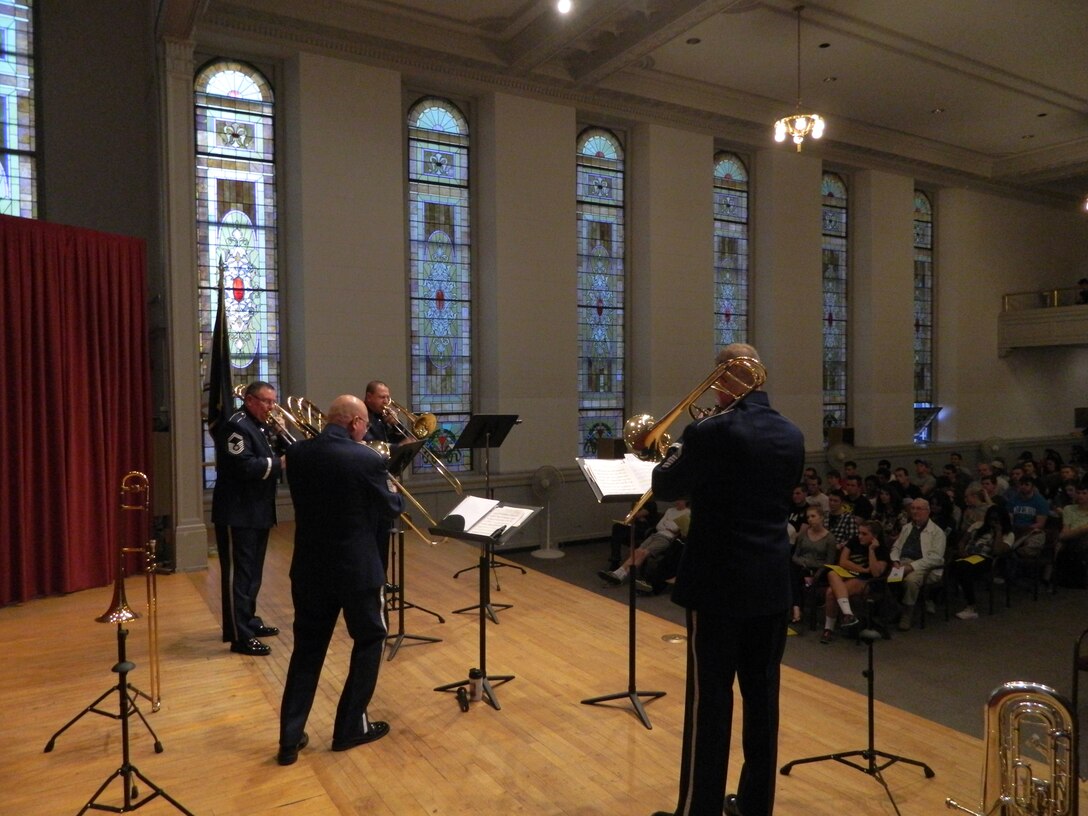 Members of the Spectre Bones Trombone Quartet perform a public recital at Shippensburg University, Shippensburg Pennsylvania on April 19, 2016.  This was the second day of a five day mission where Spectre Bones held Master Classes and performed recitals at local universities and Veterans Administration hospitals.
(Courtesy Photo)