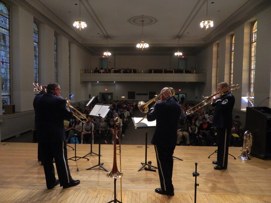Members of the Spectre Bones Trombone Quartet perform a public recital at Shippensburg University, Shippensburg Pennsylvania on April 19, 2016.  This was the second day of a five day mission where Spectre Bones held Master Classes and performed recitals at local universities and Veterans Administration hospitals.
(Courtesy Photo)