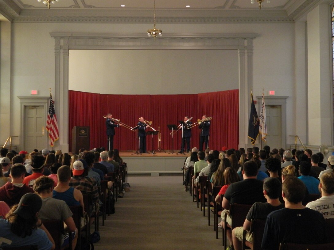 Members of the Spectre Bones Trombone Quartet perform a public recital at Shippensburg University, Shippensburg Pennsylvania on April 19, 2016.  This was the second day of a five day mission where Spectre Bones held Master Classes and performed recitals at local universities and Veterans Administration hospitals.
(Courtesy Photo)