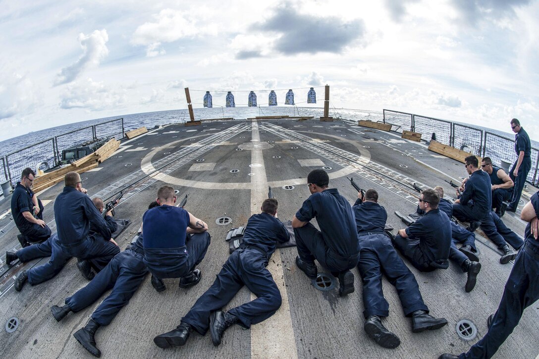 Sailors participate in a small-arms, live-fire qualification shoot on the fantail of the USS Stockdale in the Philippine Sea, June 19, 2016 The guided-missile destroyer is helping to provide a ready force to support security and stability in the Indo-Asia-Pacific region. The Stockdale is operating as part of the John C. Stennis Strike Group and Great Green Fleet on a regularly scheduled 7th Fleet deployment.
Navy photo by Petty Officer 3rd Class Andre T. Richard