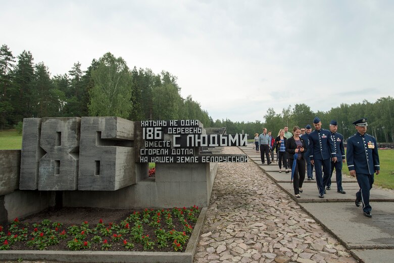 Members of the U.S. Air Forces in Europe Band receive a tour of the Khatyn Memorial in Belarus, June 20, 2016. The USAFE band is in Belarus to perform and commemorate the alliance that ended the greatest conflict of the 20th Century. (U.S. Air Force photo/Technical Sgt. Paul Villanueva II)