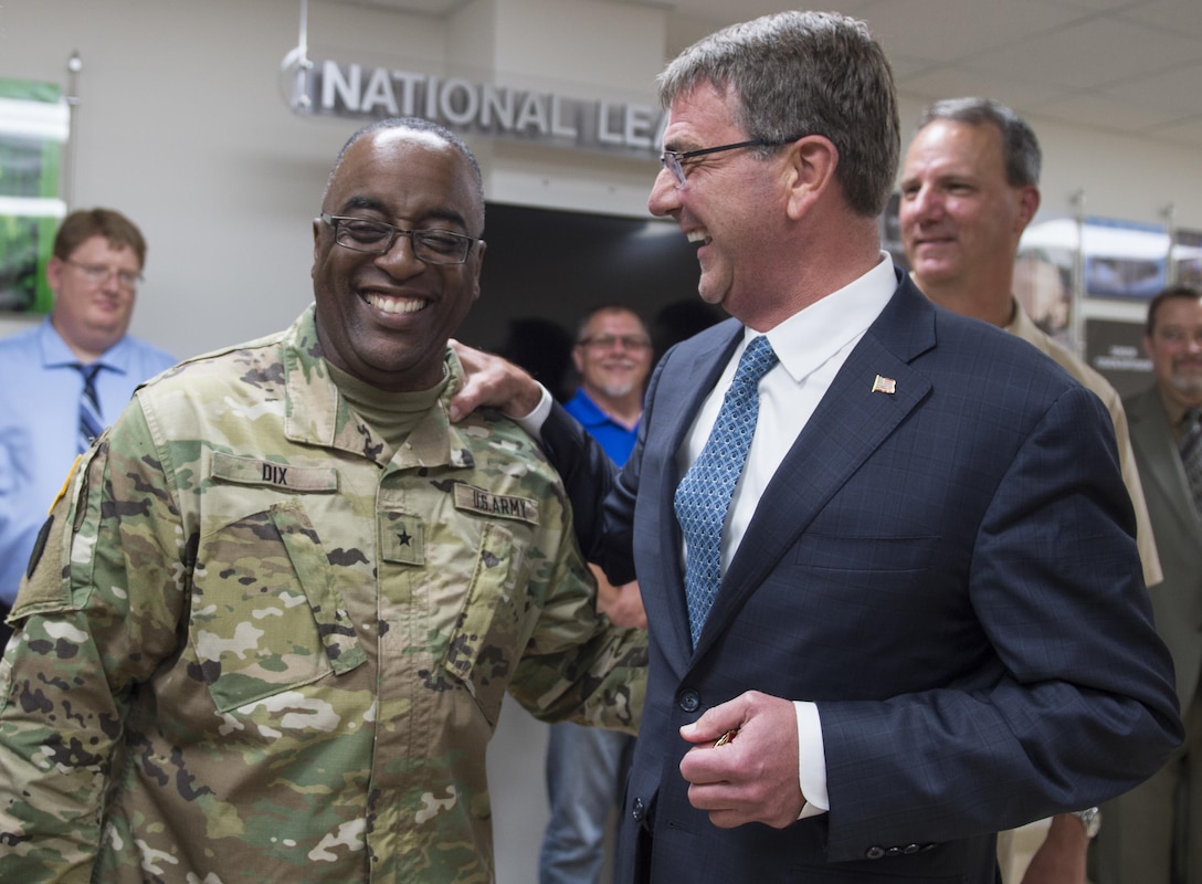 Defense Secretary Ash Carter shares a light moment as he visits the Naval Surface Warfare Command in Crane, Ind., June 22, 2016. DoD photo by Air Force Staff Sgt. Brigitte N. Brantley