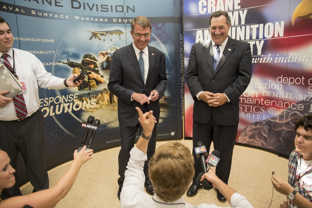 Defense Secretary Ash Carter, left, and U.S. Sen. Joe Donnelly of Indiana host a press conference at Naval Surface Warfare Command in Crane, Ind., June 22, 2016. DoD photo by Air Force Staff Sgt. Brigitte N. Brantley