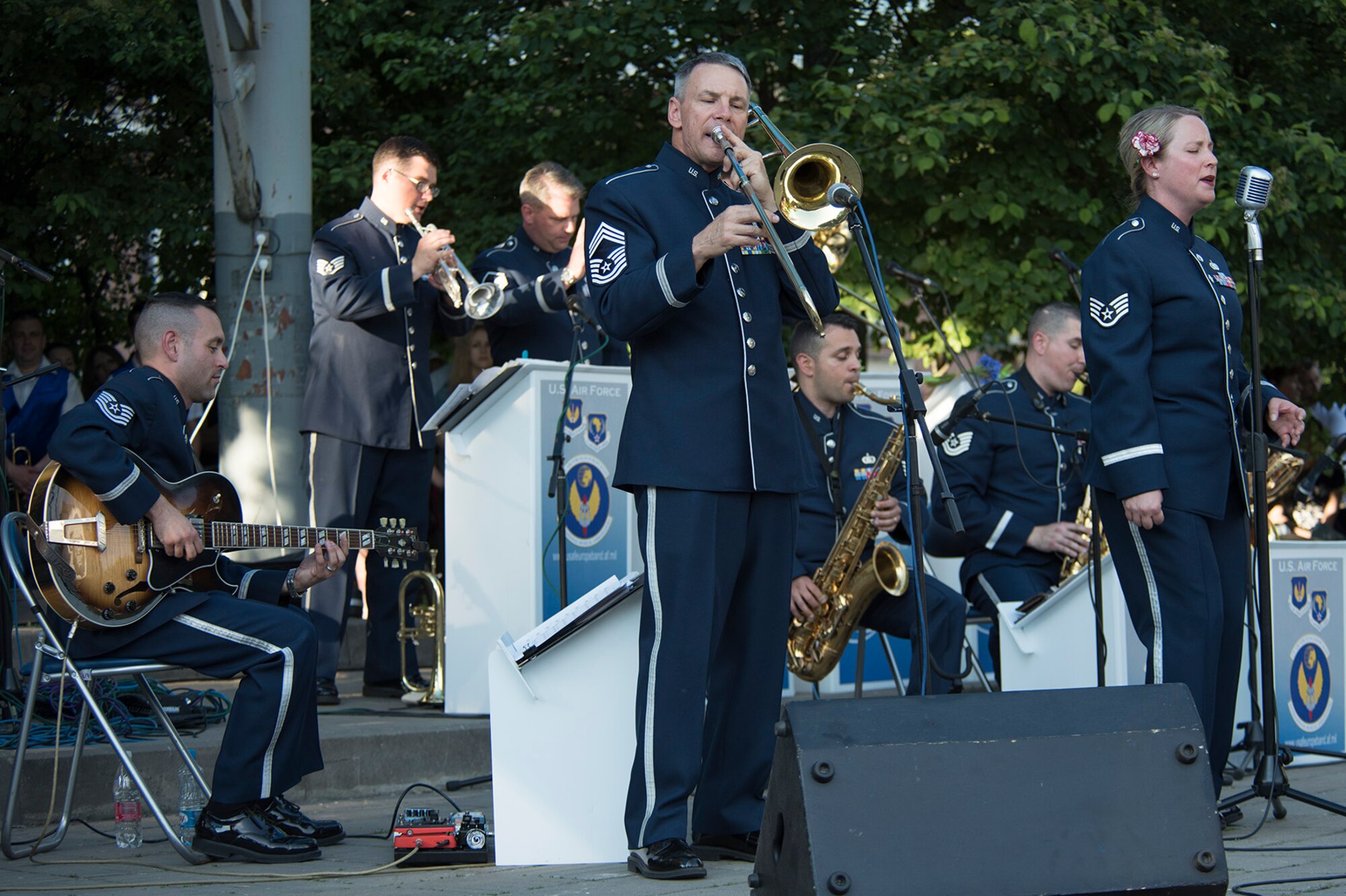 Airmen of the U.S. Air Forces in Europe Band’s Ambassadors Jazz ensemble perform at a concert June 19, 2016, in Mogilev, Belarus. While in Belarus, 13 bandsmen performed in Minsk and surrounding communities. (U.S. Air Force photo/Technical Sgt. Paul Villanueva II)