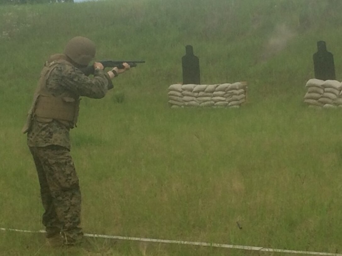 On June 6, 2016 Second Lieutenant Thomas Cofer, a student attached to Combat Engineer Officer course 5-16 (CEO 5-16); fires a shotgun during a familiarity fire. Familiarity fires are done to get students accustomed to newly learned firing techniques.
