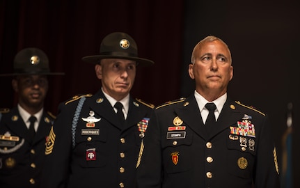 Command Sgt. Maj. John Stumpf, 98th Training Division (IET) command sergeant major, waits to greet Soldiers graduating from the Drill Sergeant Course class 008-16 during a ceremony held at the Post Theater on Fort Jackson, S.C., June 22. Stumpf, a former drill sergeant, was selected as the guest speaker for the ceremony. (U.S. Army photo by Sgt. 1st Class Brian Hamilton/ released)