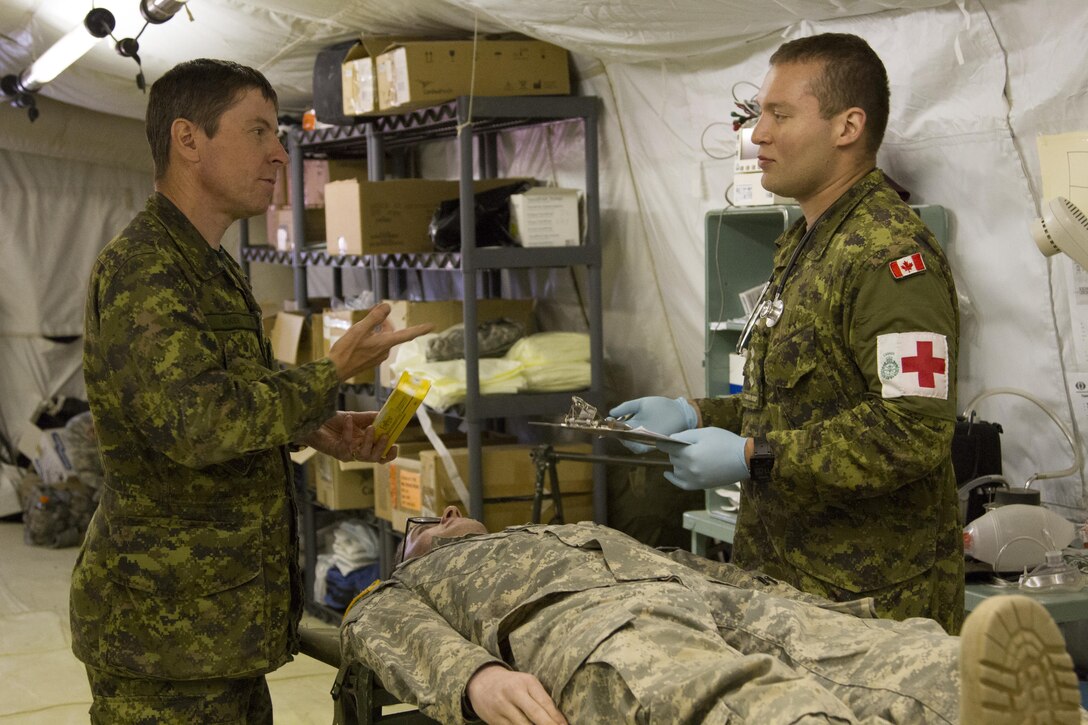 Canadian Army Capt. Harold Rivera, combat nurse, and Canadian Navy Lt. Eric Baker, pharmacist, both of Garrison Petawawa, Ottawa, Canada, discuss the care of a Soldier with simulated injuries at the 325th Combat Support Hospital during Combat Support Training Exercise 91-16-02, Fort Hunter Liggett, Calif., June 18, 2016. As the largest U.S. Army Reserve training exercise, CSTX 91-16-02 provides Soldiers with unique opportunities to sharpen their technical and tactical skills in combat-like conditions. (U.S. Army photo by Spc. Fatima Konteh, 367th Mobile Public Affairs Detachment)