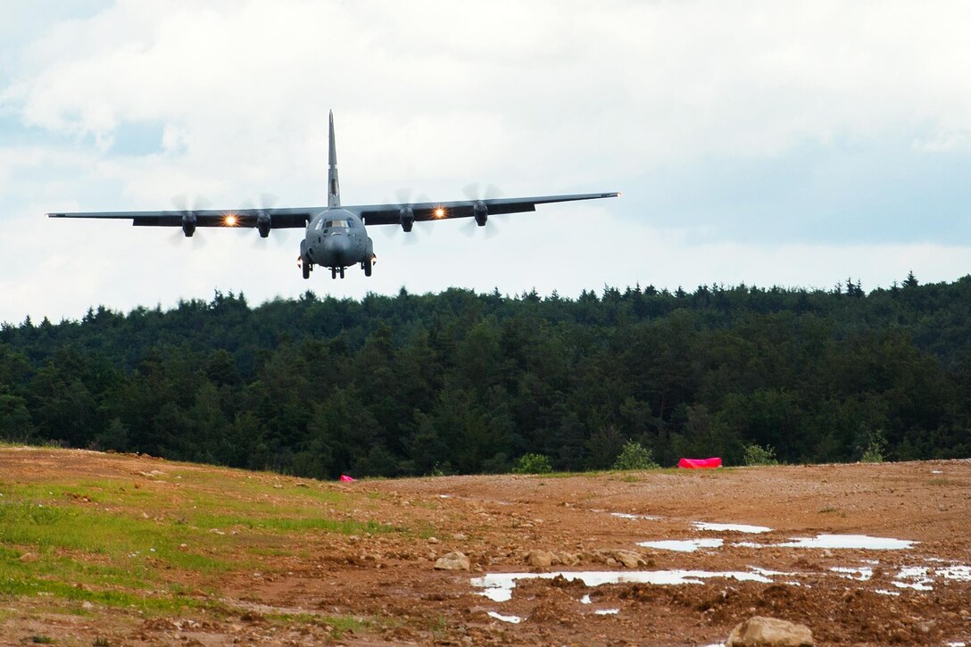 An Air Force C-130J Super Hercules aircraft lands during Exercise Swift Response 16 in Hohenfels, Germany, June 17, 2016. Air Force photo by Master Sgt. Joseph Swafford