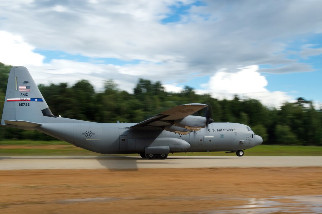 An Air Force C-130J Super Hercules aircraft takes off during Exercise Swift Response 16 in Hohenfels, Germany, June 17, 2016. Air Force photo by Master Sgt. Joseph Swafford