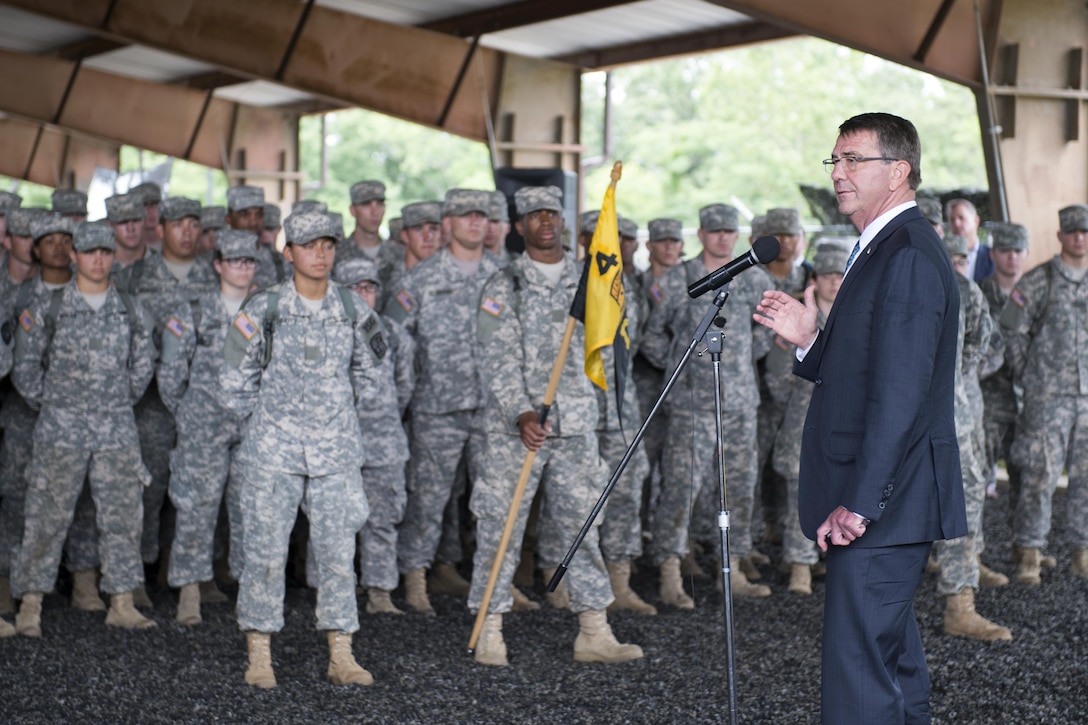 Defense Secretary Ash Carter addresses  Army ROTC cadets attending training at Fort Knox, Ky., June 22, 2016. DoD photo by Air Force Staff Sgt. Brigitte N. Brantley