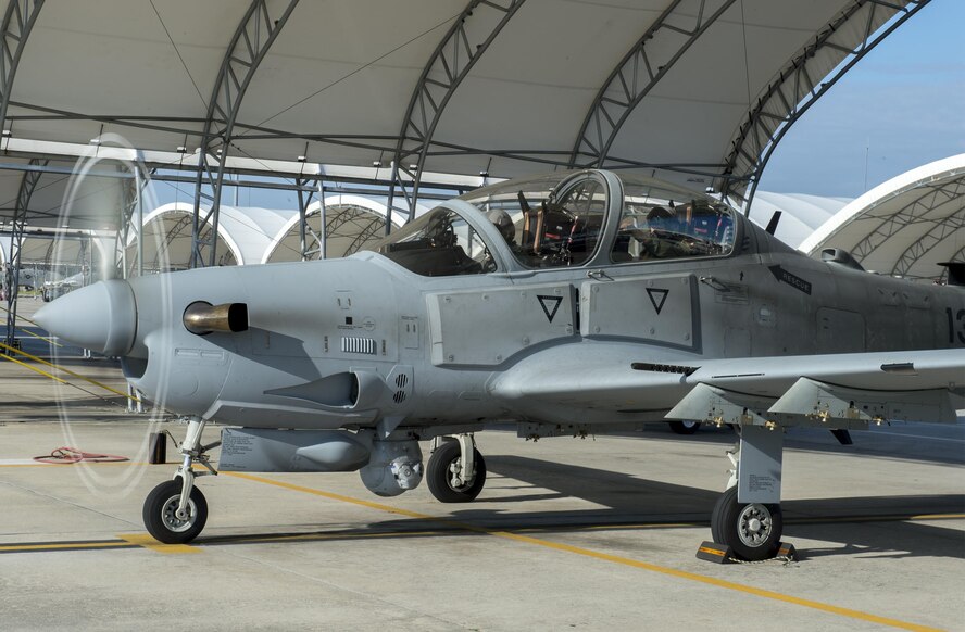 An A-29 Super Tucano from the 81st Fighter Squadron runs its engine prior to takeoff, June 23, 2016, at Moody Air Base, Ga. The 81st FS is the only combat-mission ready fighter squadron in the Air Education and Training Command. (U.S. Air Force photo by Tech. Sgt. Zachary Wolf/Released)