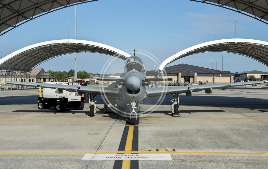 An A-29 Super Tucano from the 81st Fighter Squadron runs its engine prior to takeoff, June 23, 2016, at Moody Air Base, Ga. The 81st FS conducts combat training for Afghan Air Force pilots and maintainers in the A-29 Super Tucano. (U.S. Air Force photo by Tech. Sgt. Zachary Wolf/Released)