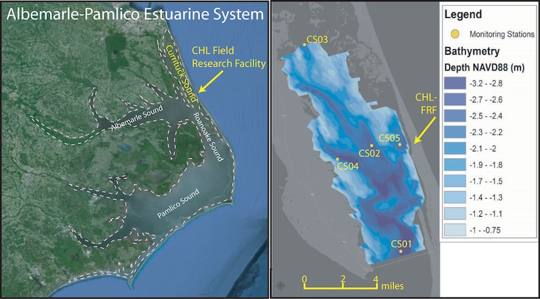 The estuarine shoreline on Currituck Sound is home to five monitoring platforms installed by ERDC-CHL.