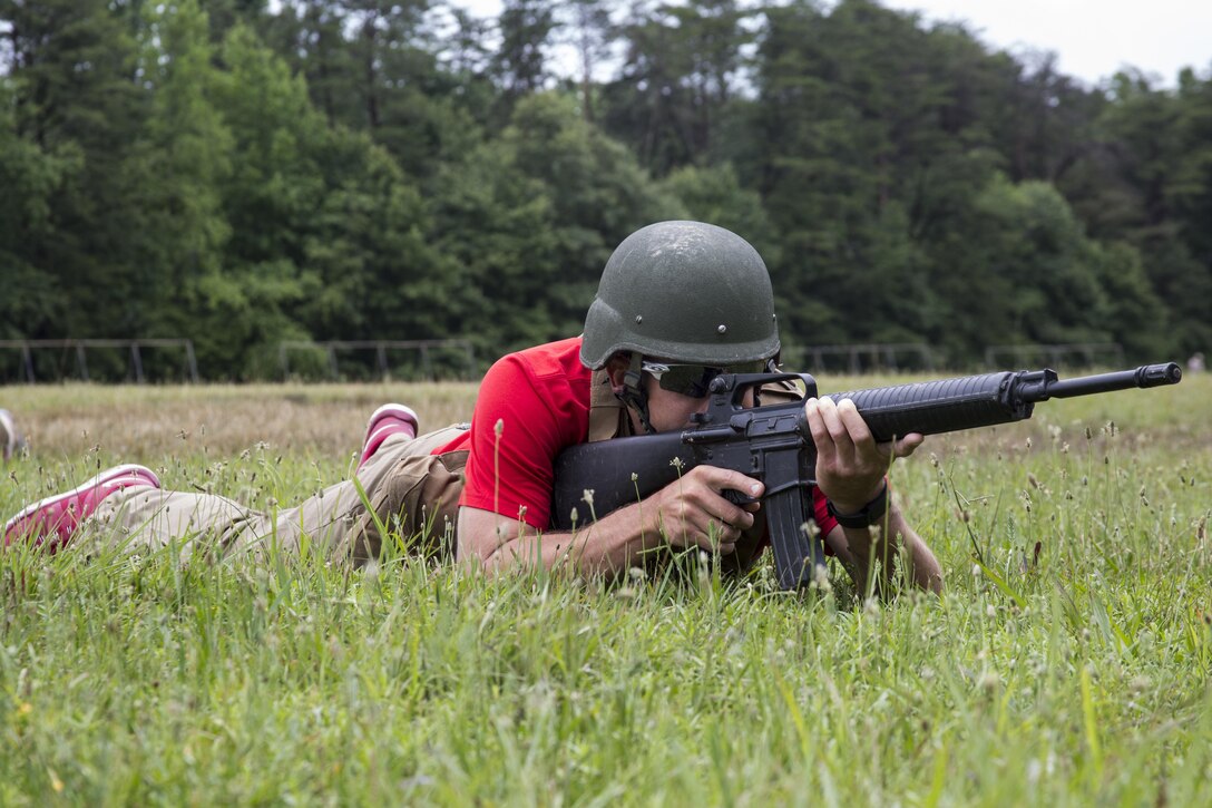 Jerrid Oates practices engaging the enemy during the patrolling portion of the 2016 Key Leaders and Educators Workshop aboard Marine Corps Base Quantico, Va., June 23. The week-long workshop creates a mutually beneficial relationship between educators and the Marine Corps where key leaders and educators can share knowledge about the Corps with America’s leaders of tomorrow. Oates is the male baseball team’s head coach for Metropolitan State University, Denver, Colorado.
