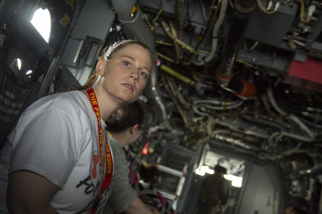 Miriam Benor flies in a MV-22 Osprey during the 2016 Key Leaders and Educators Workshop at Marine Helicopter Squadron One aboard Marine Corps Base Quantico, June 23. Educators from states west of the Mississippi River visited HMX-1 during the aviation portion of their visit. While one group of educators were briefed on flight operations and toured the squadron’s hangar, the other group flew in an Osprey. Benor is an associate director of career development for Pepperdine University in Malibu, Calif.