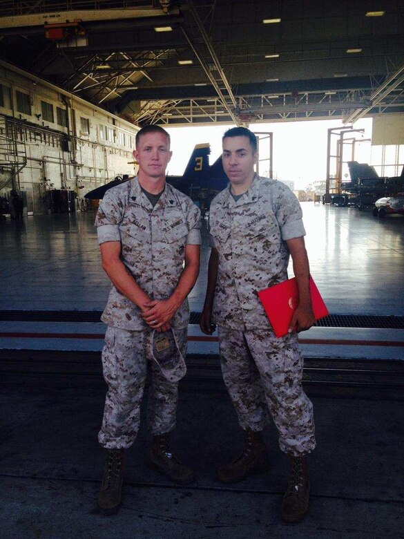 Sgt. Shaun Kellam and Cpl. Daniel “D.J.” Deleon, pose for a photo after Deleon’s promotion to corporal in August 2014. Kellam and Deleon have been best friends since they were teenagers. (Courtesy photo/Released)