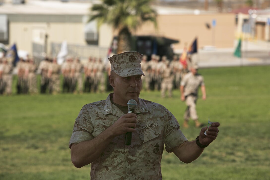 Lt. Col. Steven Murphy, outgoing commanding officer, addresses the audience during the Marine Wing Support Squadron 374 change of command at Lance Cpl. Torrey L. Gray Field, June 17, 2016. (Official Marine Corps photo by Cpl. Thomas Mudd/Released)