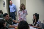 Ambassador to Japan Caroline Kennedy and Lance Cpl. Keven Romero interact with students during a service member-taught English class June 22 aboard Camp Schwab, Okinawa, Japan. For the past 14 years, Marines aboard Camp Schwab have been teaching children and young adults basic grammar and commonly used words for communication. According to Romero, they not only learned from and taught their Okinawan neighbors, but they continue to build on a bond 71 years in the making. Romero is a warehouse clerk with Combat Assault Battalion, 3rd Marine Division, III Marine Expeditionary Force.