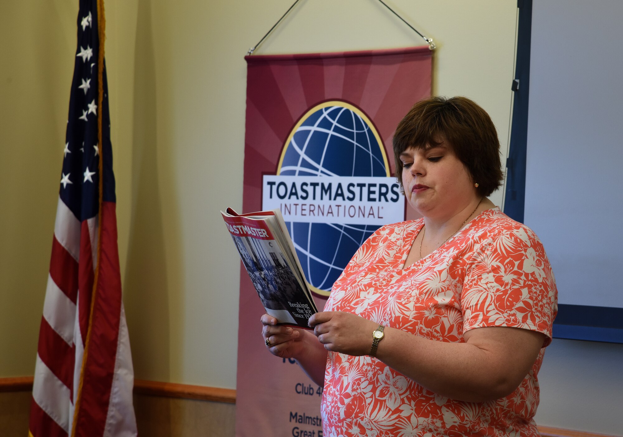 Marla Merriman, Wing One Toastmasters club member, gives a speech June 22, 2016, at Malmstrom Air Force Base, Mont. The club is a way to get past the fear of public speaking, while networking and having fun with other people across a wide spectrum. (U.S. Air Force photo/Senior Airman Jaeda Tookes)
