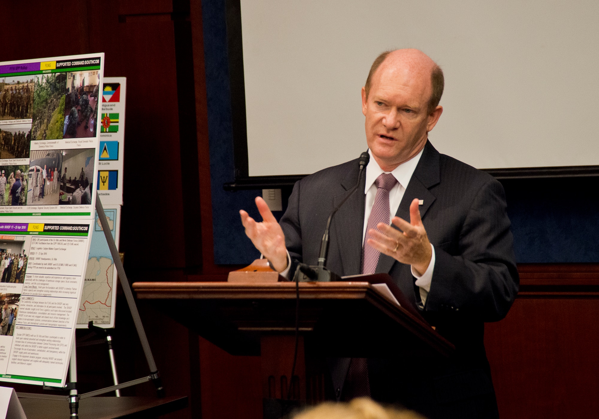 The Hon. Christopher Coons, United States Senator from Delaware, speaks at the National Guard Bureau's State Partnership Program informational event held at the U.S. Capitol June 16, 2016. Graham discussed the program's history and imporatance in global security, as well as recent partnerships forged and a path for future successes. (U.S. Air National Guard photo by Staff Sgt. John E. Hillier/released)
