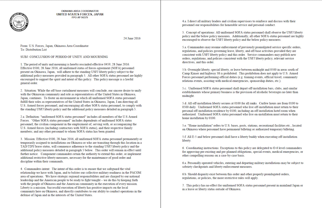 Lt. Gen. Lawrence D. Nicholson, the Okinawa area coordinator and commanding general of III Marine Expeditionary Force, announces the planned resumption of  normal off-duty liberty policy for U.S. service members on Okinawa, June 24, 2016, with slight modifications.