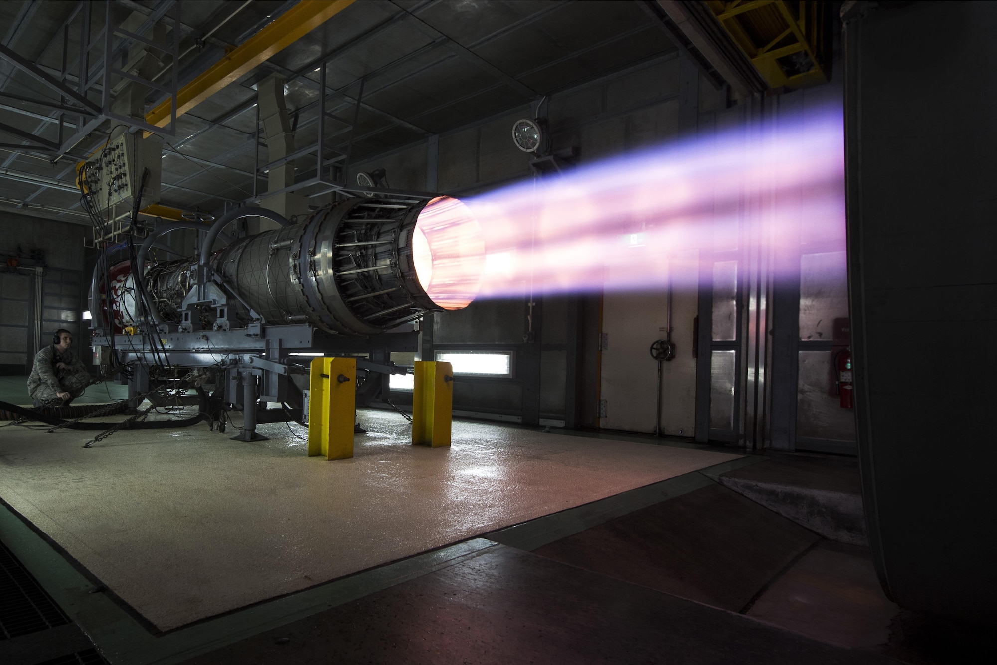 Members of the 18th Component Maintenance Squadron engine test facility, run an F-15 Eagle engine at full afterburner while checking for leaks and any other issues January 5, 2016, at Kadena Air Base, Japan. The facility is one of a kind facility built in the 90’s and was paid for by the Government of Japan in an effort to reduce noise pollution in the local community while maintaining the critical role being able to test and have F-15 engines ready at a moment’s notice. (U.S. Air Force photo by Senior Airman Omari Bernard)