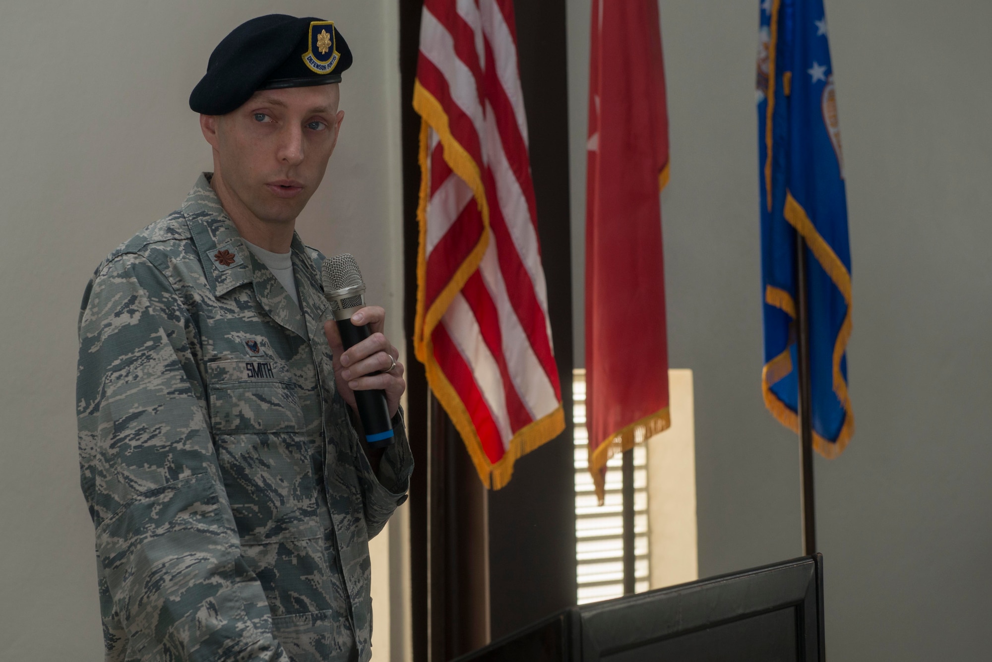 U.S. Air Force Maj. William Smith, 39th Security Forces Squadron commander, speaks during a change of command ceremony June 24, 2016, at Incirlik Air Base, Turkey. A change of command ceremony is a tradition that represents a formal transfer of authority and responsibility from the outgoing commander to the incoming commander. (U.S. Air Force photo by Senior Airman John Nieves Camacho/Released)