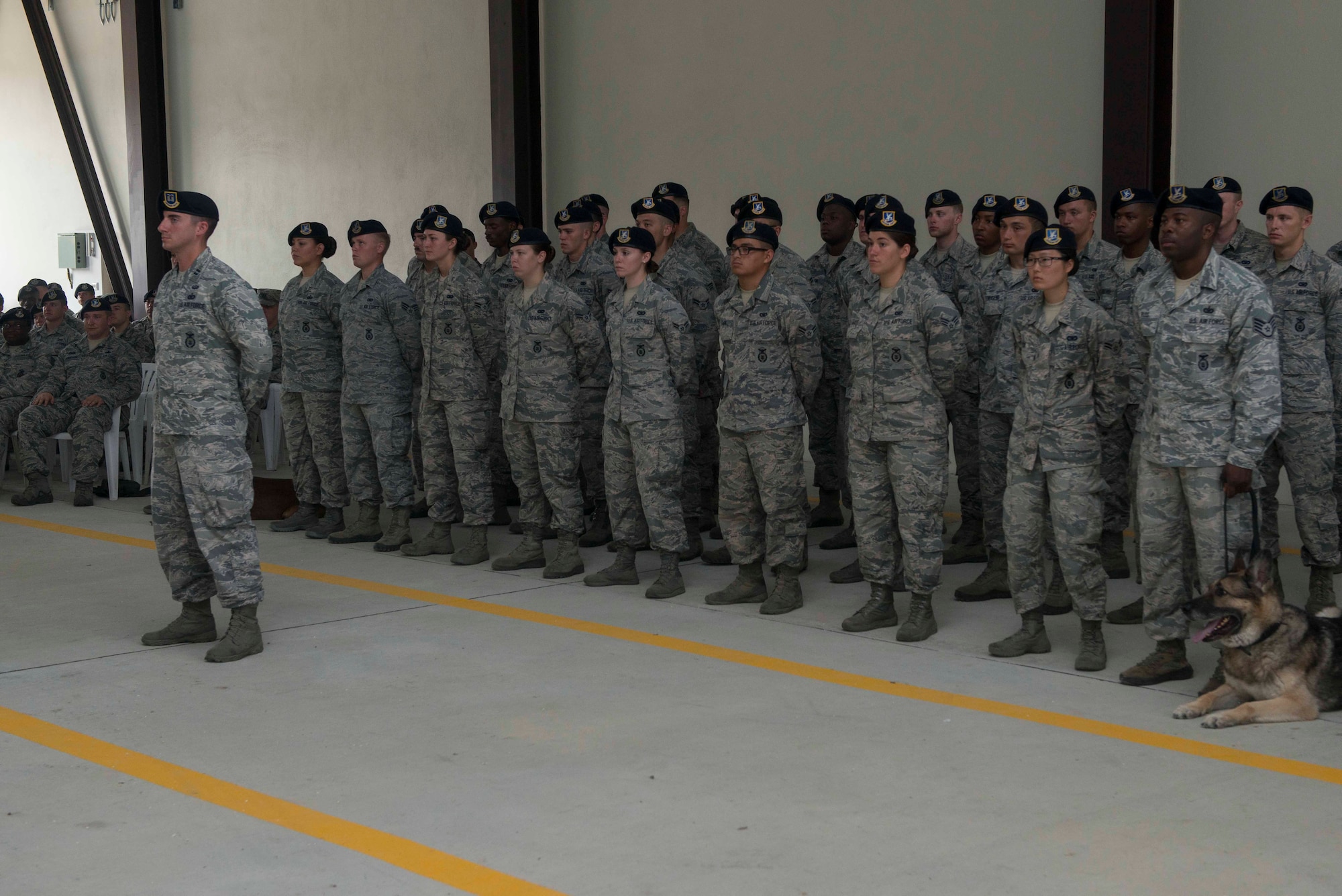 Airmen of the 39th Security Forces Squadron stand in formation during the 39th SFS change of command ceremony June 24, 2016, at Incirlik Air Base, Turkey. SFS members are responsible for the protection of base members and assets. (U.S. Air Force photo by Senior Airman John Nieves Camacho/Released)