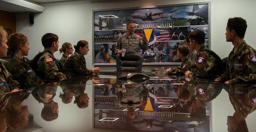 Brig. Gen. Jon T. Thomas, 86th Airlift Wing commander, speaks to cadets from the Civil Air Patrol June 20, 2016, at Ramstein Air Base, Germany. The cadets toured Ramstein from June 18 to 24, and visited squadrons associated with all three wings on base to get a glimpse of what life is like as an Airman. (U.S. Air Force photo/Airman 1st Class Tryphena Mayhugh)