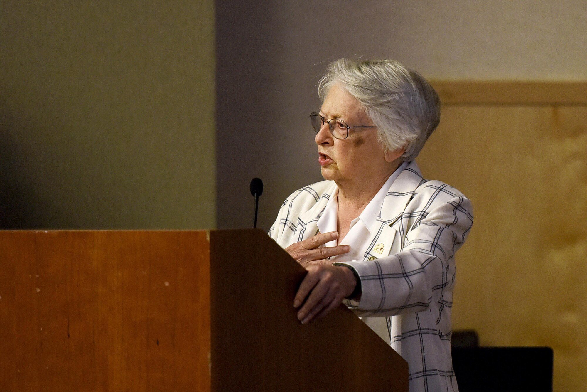 Retired Brig. Gen. Wilma Vaught speaks during a Vietnam War veterans recognition ceremony at the Pentagon, Washington, D.C., June 21, 2016. Vaught was recognized with more than 10 other veterans for her service during the war. (U.S. Air Force photo by Staff Sgt. Alyssa C. Gibson/Release)