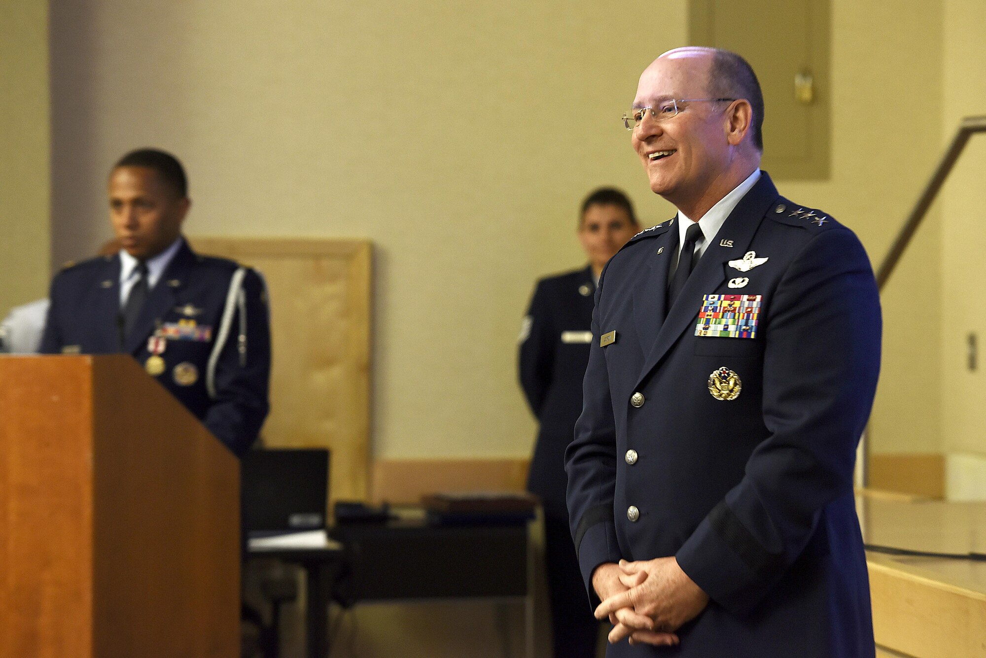 Lt. Gen. James Jackson, chief of the Air Force Reserve, addresses the crowd during a recognition ceremony in honor of Vietnam War Veterans at the Pentagon, Washington, D.c., June 21, 2016. Jackson presented each of the war veterans in attendance with a pin in thanks for their service. (U.S. Air Force photo by Staff Sgt. Alyssa C. Gibson/Released)