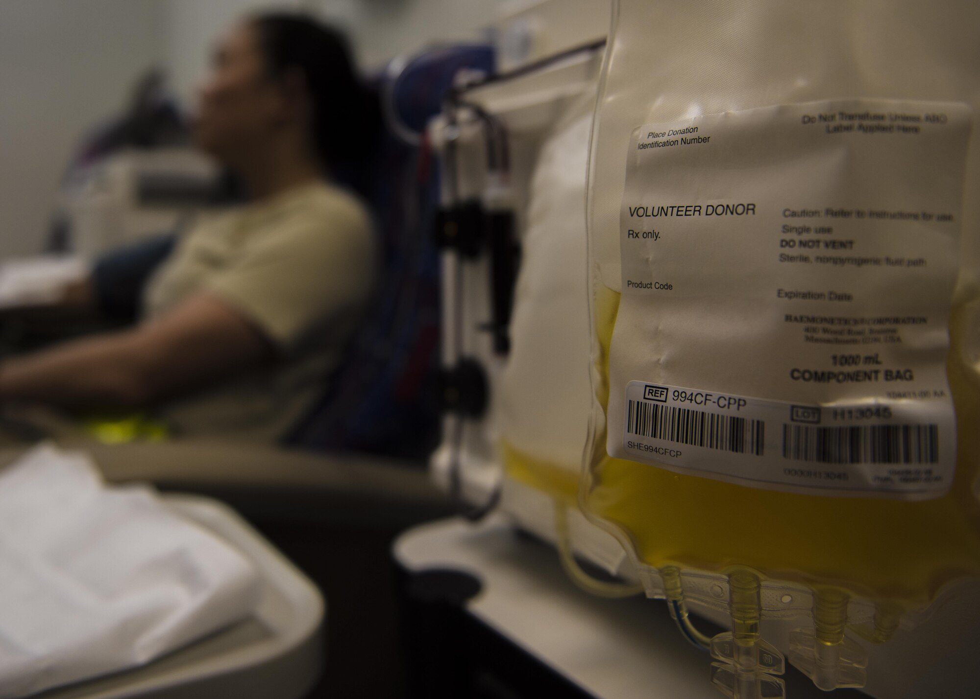 Capt. Kellyanne Matsuoka, 455th Expeditionary Aircraft Maintenance Squadron operations officer, donates blood during an urgent need for blood donations, June 24, 2016, Bagram Airfield, Afghanistan. In an urgent call from the Craig Joint-Theater Hospital, all pre-screened personnel with B type blood reported to the hospital to donate blood. (U.S. Air Force photo by Senior Airman Justyn M. Freeman)