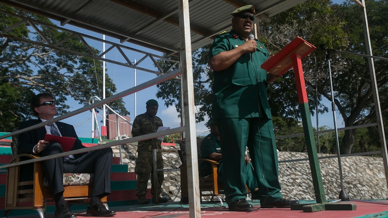 Col. Siale Diro addresses Task Force Koa Moana and Papua New Guinea soldiers during the opening ceremony of Exercise Koa Moana, June 18, 2016, at Taurama Barracks, Papua New Guinea. The multi-national, bilateral exercise is designed to increase interoperability and relations by sharing infantry, engineering, medical and law enforcement skills.