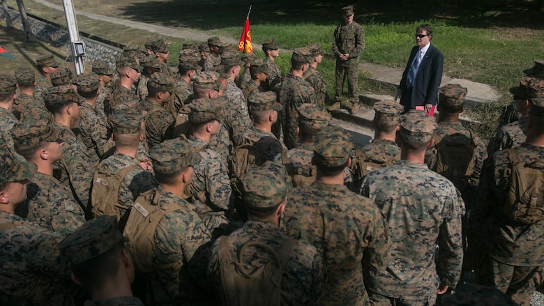 Joel F. Maybury addresses Task Force Koa Moana before the opening ceremony of Exercise Koa Moana, June 18, 2016, at Taurama Barracks, Papua New Guinea. The multi-national, bilateral exercise is designed to increase interoperability and relations through by sharing infantry, engineering, law enforcement and medical skills.