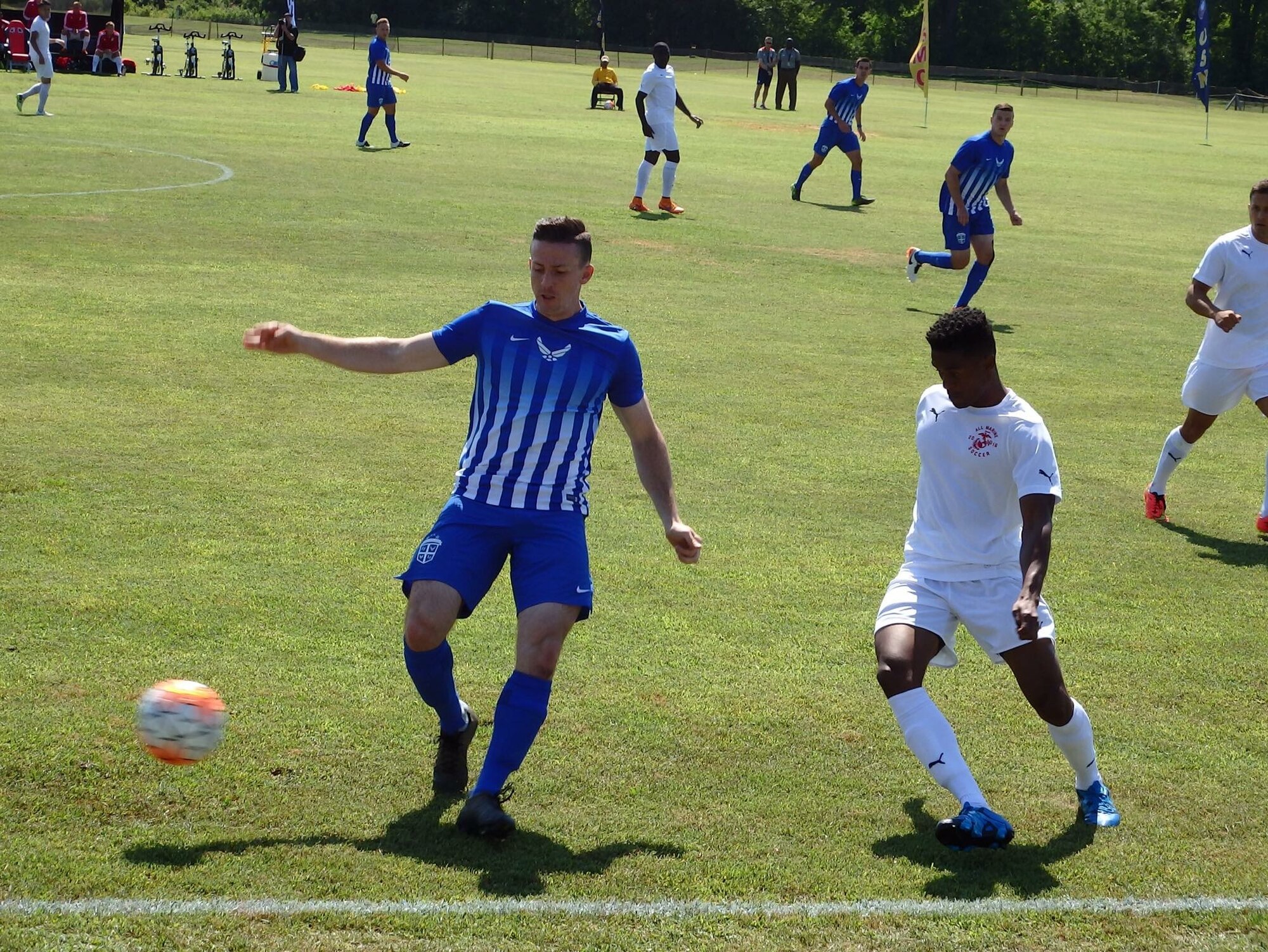 Airman 1st Class Timothy Bettes, 48th Force Support Squadron career development technician, competes in a soccer match against the U.S. Marine Corps team during the Armed Forces Men’s Soccer Championship tournament at Fort Benning, Georgia. Over the course of the week-long tournament, the U.S. Air Force teamed played teams from the other branches, ultimately beating the U.S. Navy 3-2 for the championship title. (Courtesy photo)