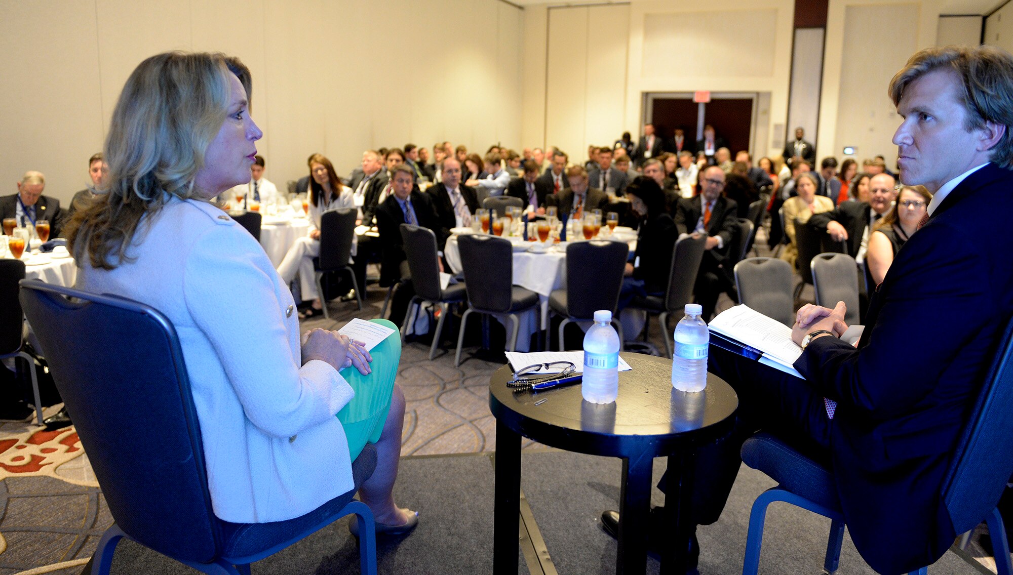 Air Force Secretary Deborah Lee James participates in a discussion, moderated by Eldridge Colby, about the space enterprise at the Center for a New American Security’s annual conference in Washington, D.C., on June 20, 2016. (U.S. Air Force photo/Scott M. Ash)