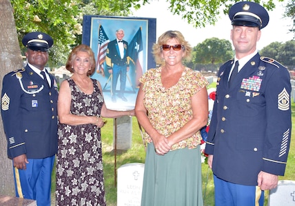 Mrs. Rita Van Autreve (second from left), widow of former Sgt. Maj. of the Army Leon L. Van Autreve, poses June 14 with Command Sgt. Maj. Alexis A. King (left), commandant of the Non Commissioned Officers Academy, U.S. Army Medical Department Center and School, her daughter Jodi Bearden, and Command Sgt. Maj. Andrew J. Rhoades, AMEDDC&S command sergeant major.